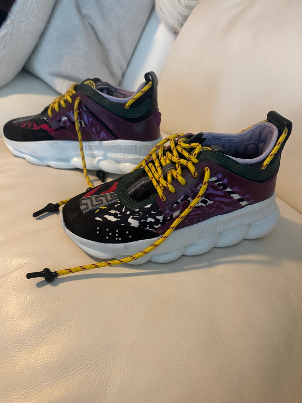 Versace Purple Black White Sneakers With Yellow Laces